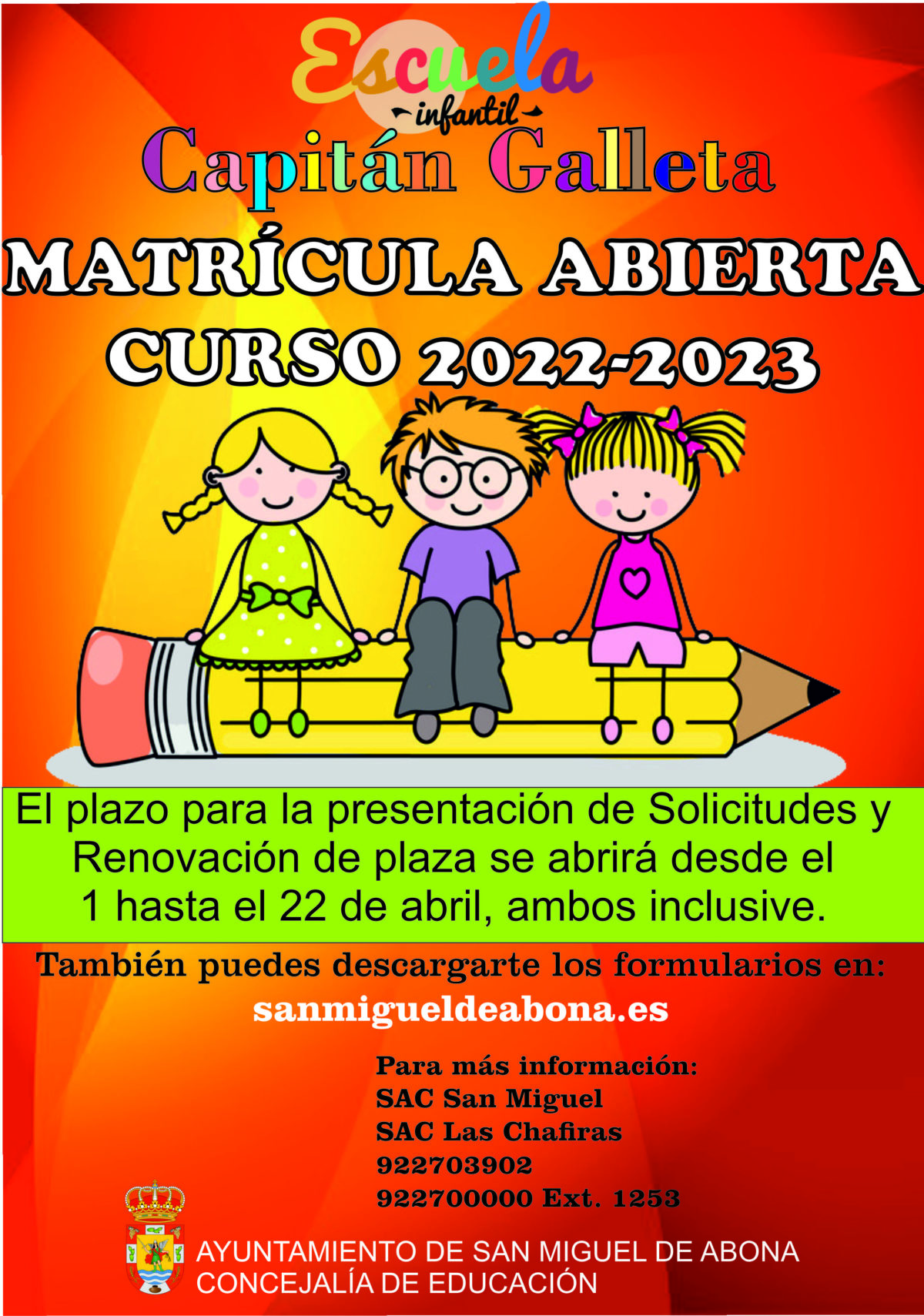 Se abre el plazo de matrícula para el curso 2022-2023 de la Escuela Infantil Municipal Capitán Galleta