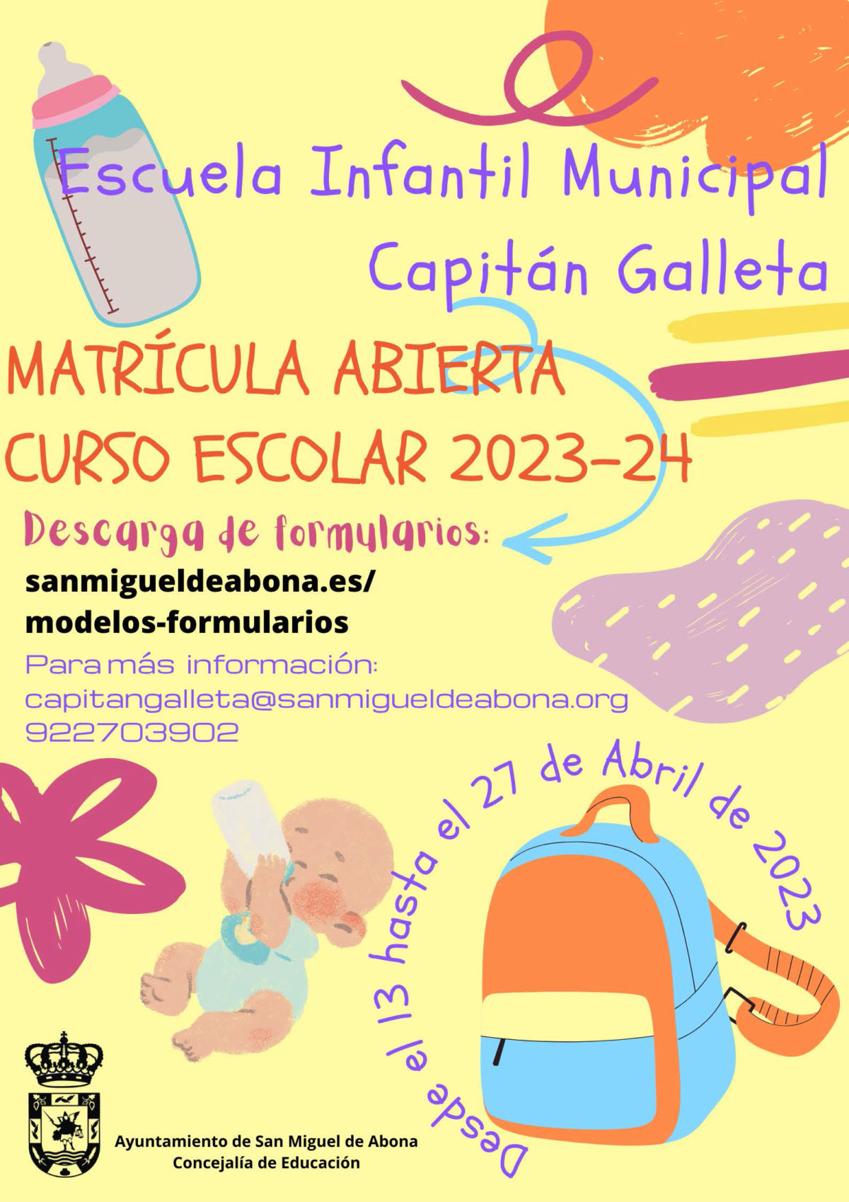 Se abre el plazo de matrícula para el curso 2023-2024 de la Escuela Infantil Municipal Capitán Galleta
