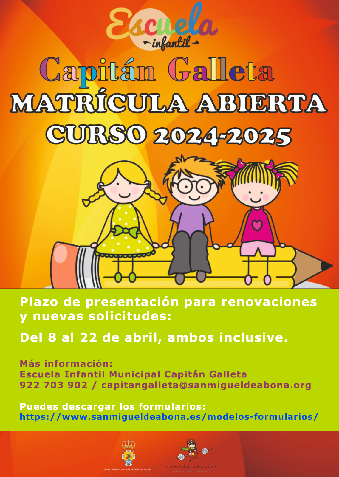 Se abre el plazo de matrícula para el curso 2024-2025 de la Escuela Infantil Municipal Capitán Galleta